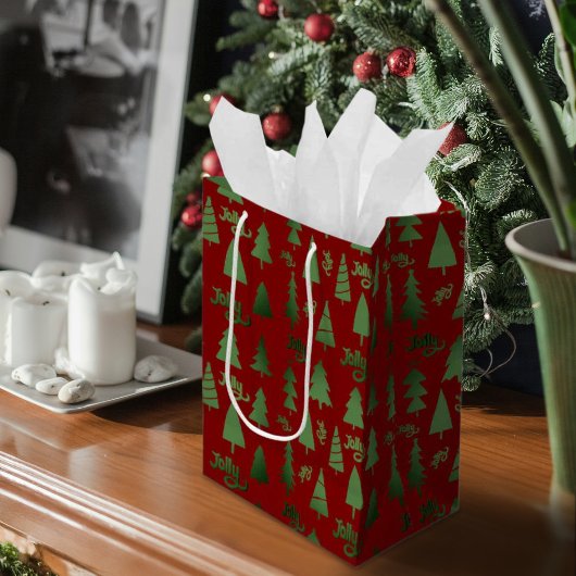 Klassiek Rood & Groen Kerstboom Jolly Patroon Medium Cadeauzakje