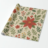 Klassiek rood groen vakantie bloemenpatroon cadeaupapier (Uitgerold)