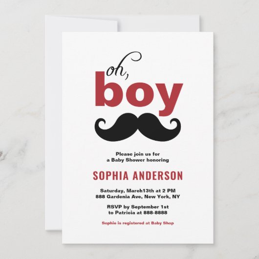 Klassiek Rood Het is een Jongen Mustache Baby show Kaart (Voorkant)