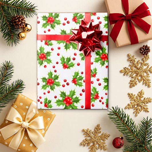 Klassiek rood Holly Christmas Floral Wrapping Pape Cadeaupapier
