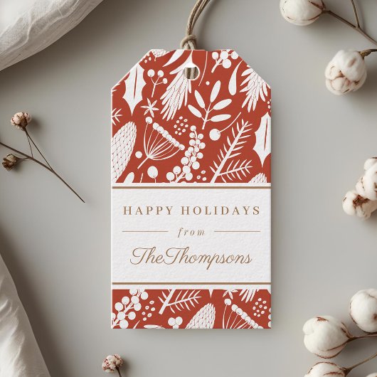 Klassiek Rood Kerst Loof Happy Holidays Cadeaulabel