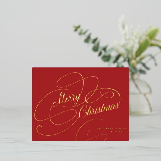 Klassiek rood kerstbladscript folie feestdagen briefkaart (Staand Voorkant)