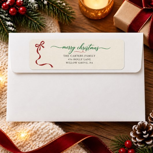 Klassiek Rood Lint Groene Script Kerst Adres Etiket
