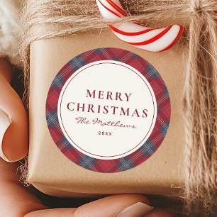 Klassiek rood marineblauw Schotse ruit Kerstmis Ronde Sticker