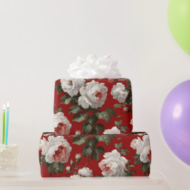 Klassiek Rood Roos Wit Bloemmotief Cadeaupapier