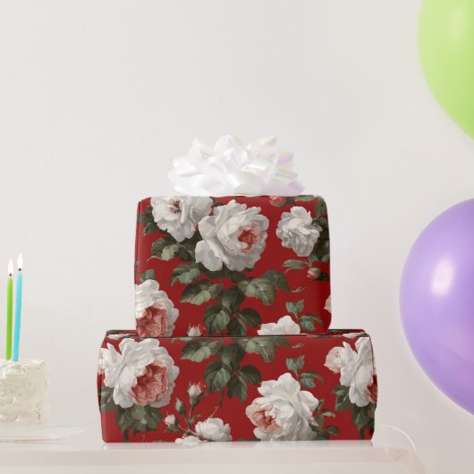 Klassiek Rood Roos Wit Bloemmotief Cadeaupapier (Feestgeschenken)