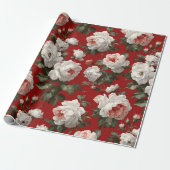 Klassiek Rood Roos Wit Bloemmotief Cadeaupapier (Uitgerold)