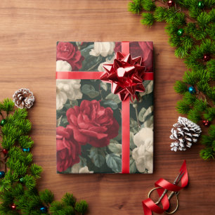 Klassiek rood roos wit bloemmotief cadeaupapier