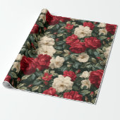 Klassiek rood roos wit bloemmotief cadeaupapier (Uitgerold)
