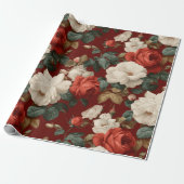 Klassiek rood roos wit bloemmotief cadeaupapier (Uitgerold)