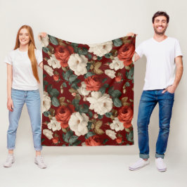 Klassiek rood roos wit bloemmotief fleece deken