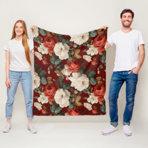 Klassiek rood roos wit bloemmotief fleece deken