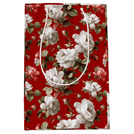 Klassiek rood roos wit bloemmotief medium cadeauzakje