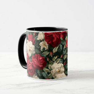 Klassiek rood roos wit bloemmotief mok