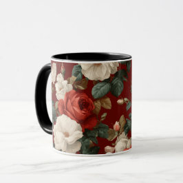 Klassiek rood roos wit bloemmotief mok