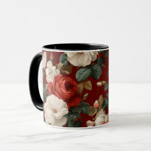 Klassiek rood roos wit bloemmotief mok
