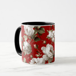 Klassiek rood roos wit bloemmotief mok
