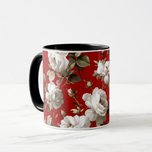 Klassiek rood roos wit bloemmotief mok (Voorkant links)
