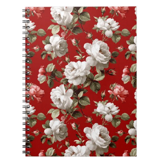 Klassiek rood roos wit bloemmotief notitieboek (Voorkant)