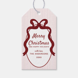 Klassiek rood roze strepen & strik frame Kerstmis  Cadeaulabel