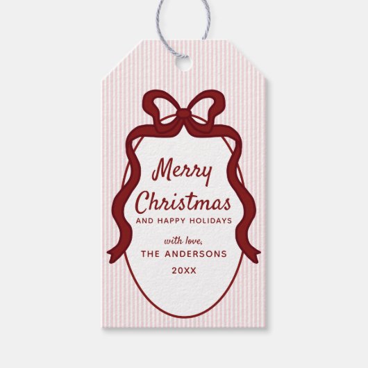Klassiek rood roze strepen & strik frame Kerstmis Cadeaulabel (Voorkant)