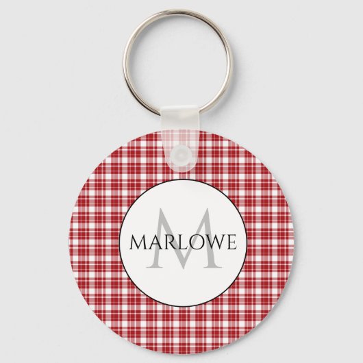 Klassiek rood wit controleert afgespeelde monogram sleutelhanger (Voorkant)