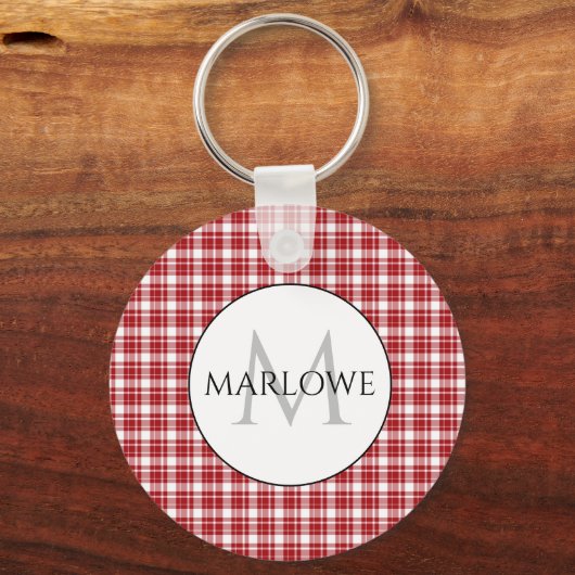 Klassiek rood wit controleert afgespeelde monogram sleutelhanger (Voorkant)