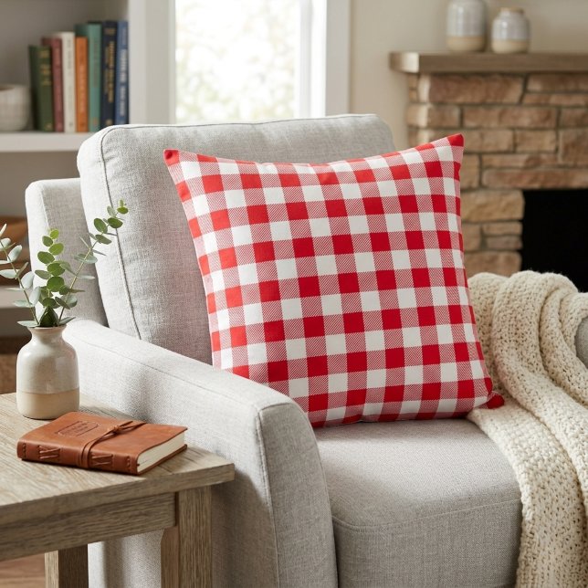 Klassiek rood-wit geruit ruitpatroon kussen (Classic Red and White Gingham Plaid Throw Pillow)