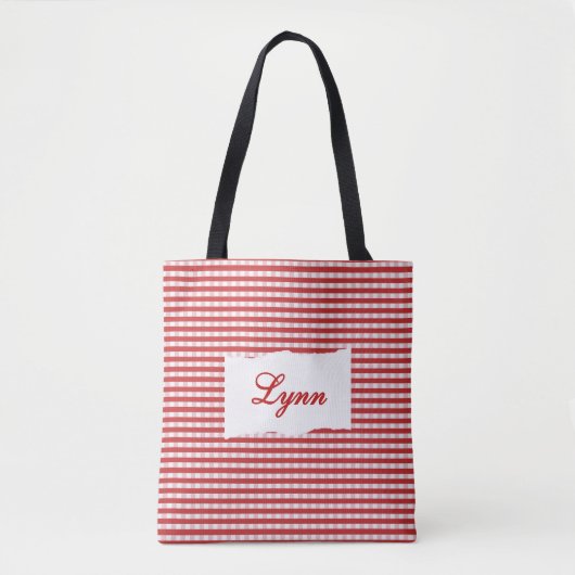 Klassiek Rood & Wit Gingham | Gepersonaliseerde Na Tote Bag (Voorkant)