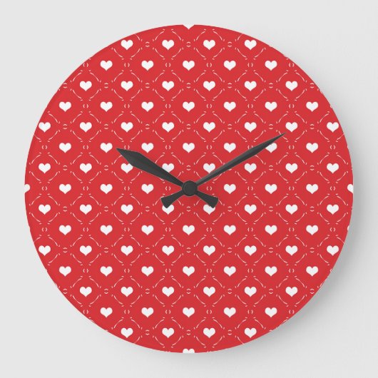 Klassiek Rood Wit Hart Geometrisch Raster Grote Klok (Voorkant)