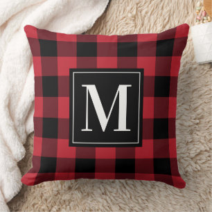 Klassiek Rood Zwart Buffalo Plaid Monogram Kerstda Kussen