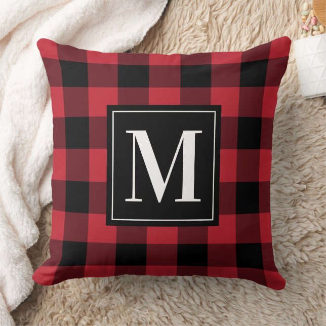 Klassiek Rood Zwart Buffalo Plaid Monogram Kerstda Kussen (Deken)