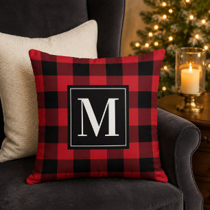 Klassiek Rood Zwart Buffalo Plaid Monogram Kerstda Kussen