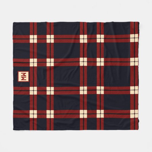 Klassiek rood, zwart en crème plaid monogram fleece deken (Voorkant (Horizontaal))