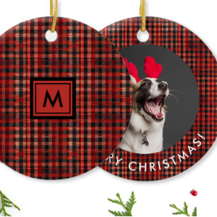 Klassiek rood zwart geruit tartanpatroon monogram keramisch ornament