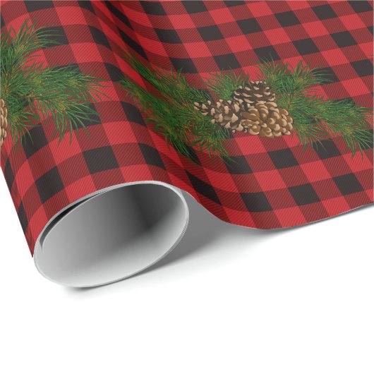 Klassiek rood zwart geruite rustieke pinecone cadeaupapier (Rol Hoek)