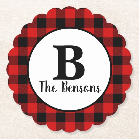Klassiek rood zwart monogram Buffalo Plaid Kartonnen Onderzetters (Voorkant)