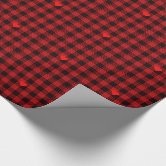 Klassiek rood zwart plaid patroon hart detail cadeaupapier (Hoek)