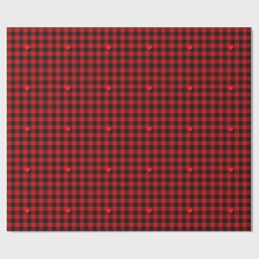 Klassiek rood zwart plaid patroon hart detail cadeaupapier (Vlak)