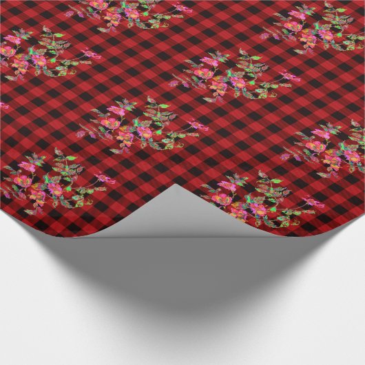 Klassiek rood zwart plaid patroon waterverf bloemi cadeaupapier (Hoek)