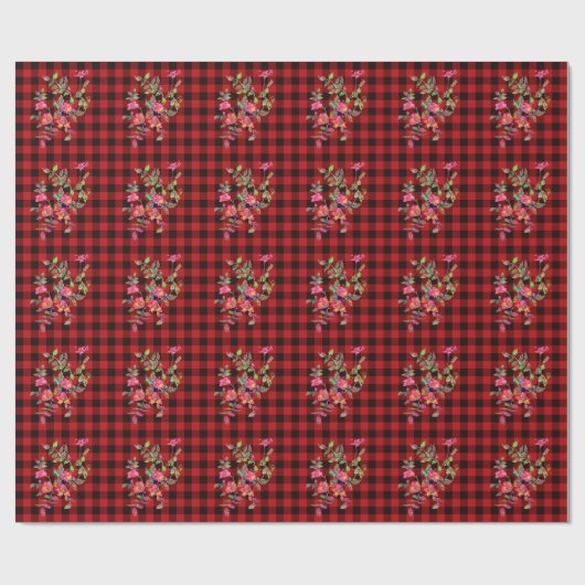 Klassiek rood zwart plaid patroon waterverf bloemi cadeaupapier (Vlak)