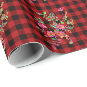 Klassiek rood zwart plaid patroon waterverf bloemi cadeaupapier