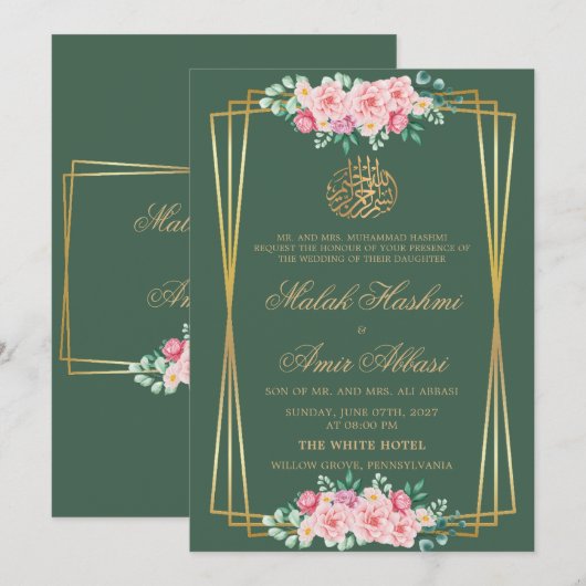 Klassiek Roos Goud Groen Islamitisch Moslim bruilo Kaart (Voorkant / Achterkant)