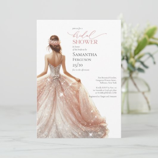 Klassiek roos gouden sprankles bruidsjurk lux kaart (Staand voorkant)