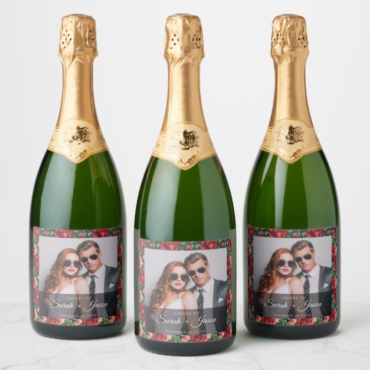 Klassiek Roos Wilde Bloem Bruiloft Wijnlabel Sparkling Wijnetiket (Flessen)