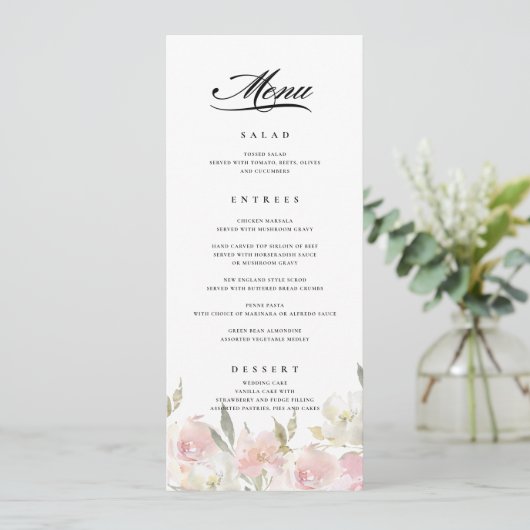 Klassiek roze bloemenbruiloft menu (Staand voorkant)