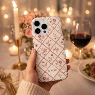 Klassiek roze bloemmotief met roosterpatroon in vi iPhone 16 pro max hoesje