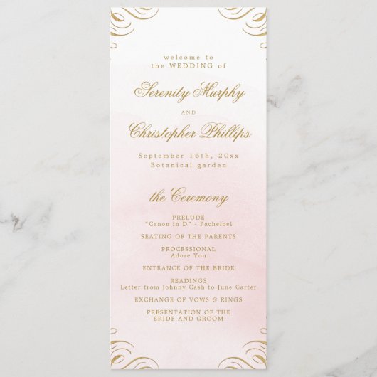 Klassiek roze en goud kalligrafie bruiloft program menu (Voorkant)