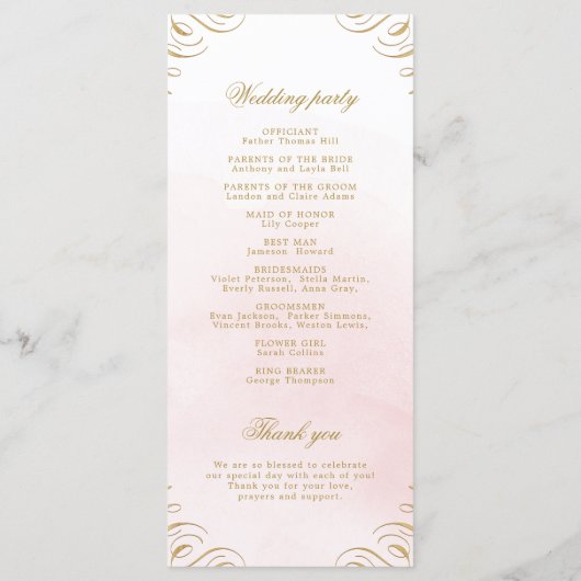 Klassiek roze en goud kalligrafie bruiloft program menu (Achterkant)