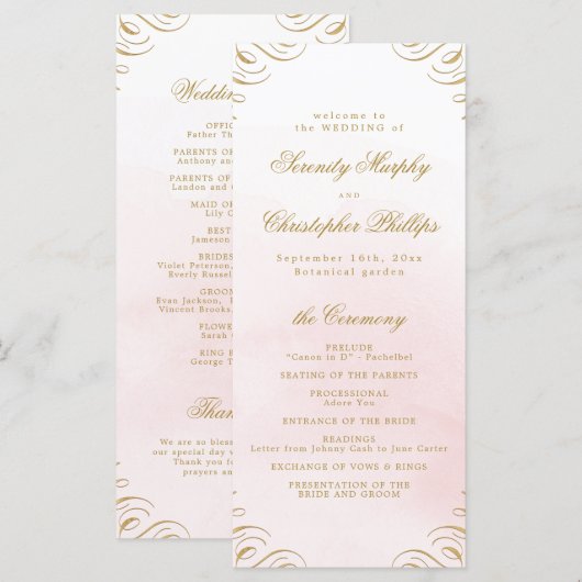 Klassiek roze en goud kalligrafie bruiloft program menu (Voorkant / Achterkant)